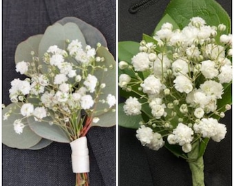 Artificial Eucalyptus Real Dried Baby’s Breath Gypsophila Flower Boutonnière- Wedding Boutonnière