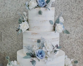 Künstliche weiße blaue Rose Eukalyptus Distel Kuchen Dekor – DIY Kuchen Dekor – Blumen Kuchen Topper – Rose Topper
