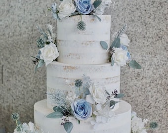 Artificial White Blue Rose Eucalyptus Thistle Cake Decor - DIY Cake Decor - Floral Cake Topper - Rose Topper