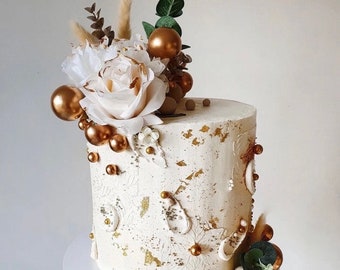Artificial White Rose Eucalyptus Gold Ball Arrangement Cake Decor - DIY Cake Decor - Floral Cake Topper - Rose Topper