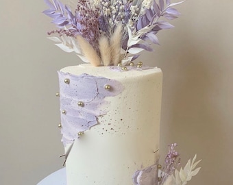 Arrangement de gâteau fleurs de palmier séchées violet blanc pour gâteau - Décoration de gâteau fleurie