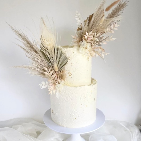 Natürlicher getrockneter Speer Palme Ruscus Pampas weiße Pfauenfeder Blumen-Kuchen-Arrangement Blumen-Kuchen-Deckel - Blumen-Kuchen-Dekor