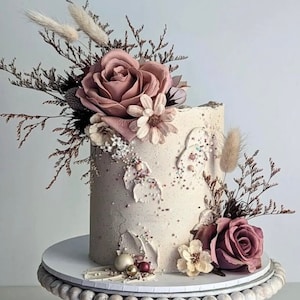 Composizione floreale artificiale con foglie secche di rose rosa antico - Decorazione per torta floreale - Decorazione per torta floreale
