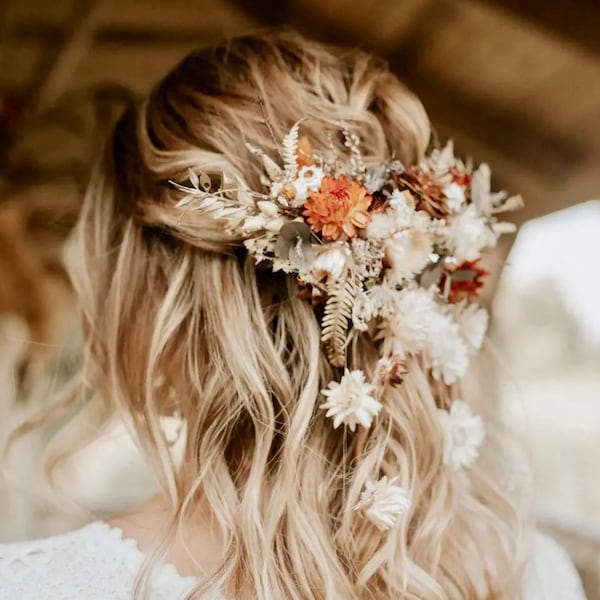 Boho getrocknete rustikale Orange Elfenbein echte Blume Haarkamm - Hochzeit Haarschmuck - Braut Blumen Haarkamm