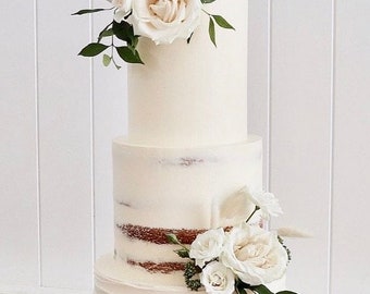 Artificial White Rose Green Leaf Cake Decor - DIY Cake Decor - Floral Cake Topper - Rose Topper