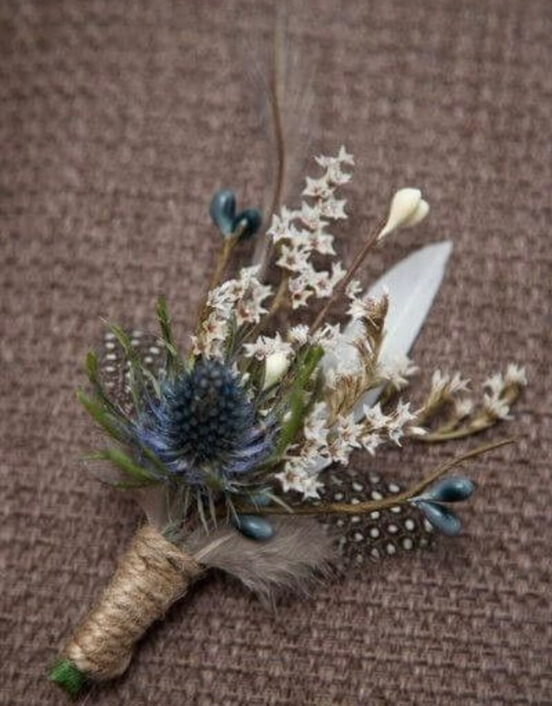 Artificial Blue Thistle White Flower Feather Boutonnière Wedding