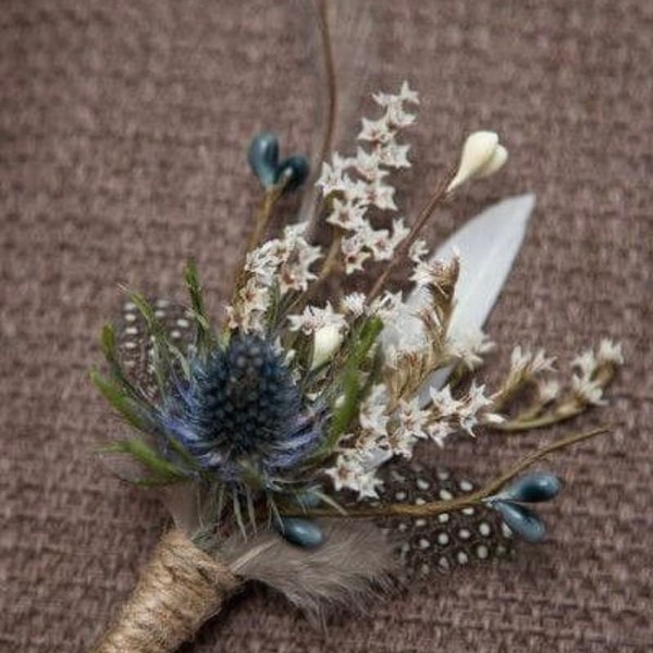 Artificial Blue Thistle White Flower Feather Boutonnière- Wedding Boutonnière