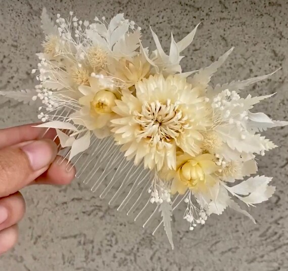 Boho Dried White Ivory Helichrysum Real Flower Hair Comb  display picture 2