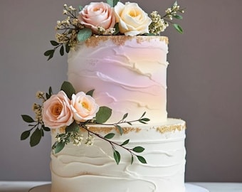 Artificial Light Dusty Pink And Champagne Rose  Preserved Eucalyptus and Baby Breath Cake Arrangement - Flower Cake Decor