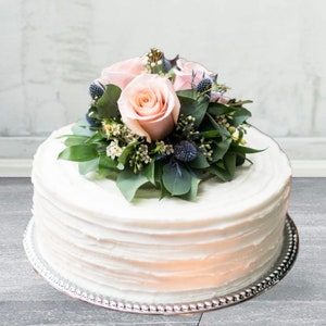 Artificial Light Pink Rose Blue Thistle Flower Green Leaf Cake Decor - DIY Cake Decor - Floral Cake Topper - Rose Topper