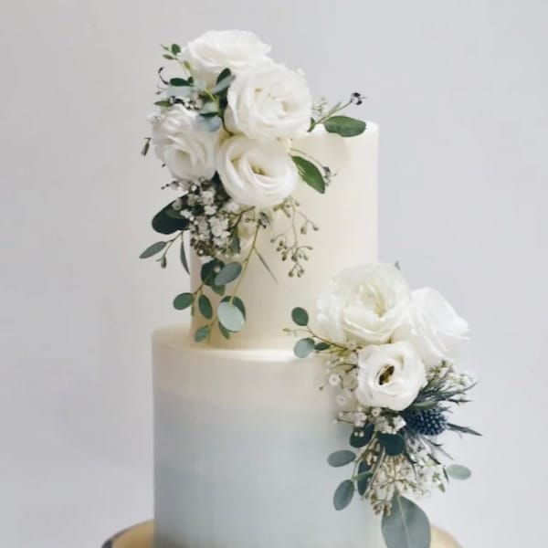 Artificial White Rose Greenery Blue Thistle Cake Decor - DIY Cake Decor - Floral Cake Topper - Rose Topper - Design 4