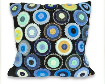 Wool Penny Rug Accent Pillow – Hand‑Stitched Textile “Midnight Sonata” by Jane Pollak