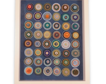 Wool Penny Rug Wall Art – Framed Folk Piece ‘Circles of Calm’ in Blue