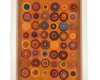 Wool Penny Rug Wall Art – Framed Folk Piece ‘Circles of Sunset’ in Orange