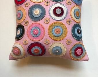 Wool Penny Rug Accent Pillow – Hand‑Stitched Textile “Rose Whispers” by Jane Pollak