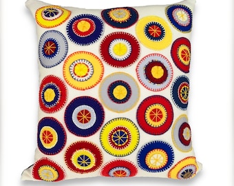 Wool Penny Rug Accent Pillow – Hand-Stitched Textile “Primary Spin” by Jane Pollak