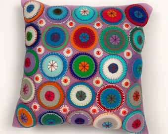 Wool Penny Rug Accent Pillow – Hand‑Stitched Textile “Mauve Minuet” by Jane Pollak