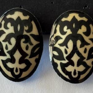 Noir Flourish Clip-On Earrings – Black & Ivory Botanical Motif, Handmade Wax-Resist Jewelry by Jane Pollak, Oval Statement Earrings