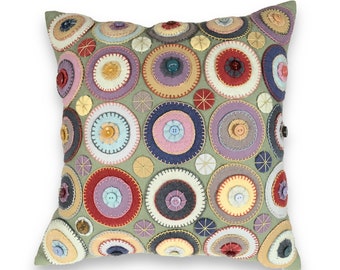 Wool Penny Rug Accent Pillow – Hand‑Stitched Textile “Earthside Whispers” by Jane Pollak