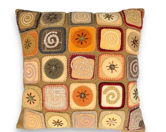 Wool Penny Rug Accent Pillow – Hand-Stitched Textile “Golden Whispers” by Jane Pollak
