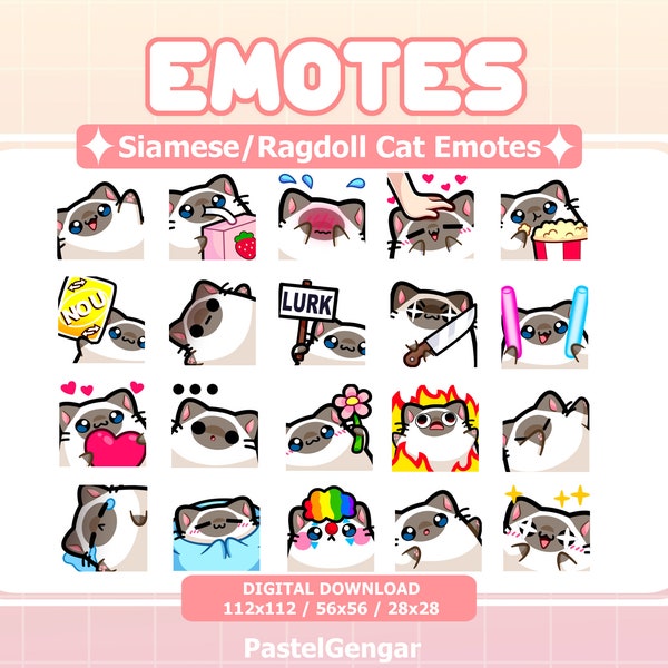 20 Siam/Ragdoll Katzen Emotes für Twitch Streamer, Discord, Youtube, Kick | Niedlich, Kawaii | Sofort Download