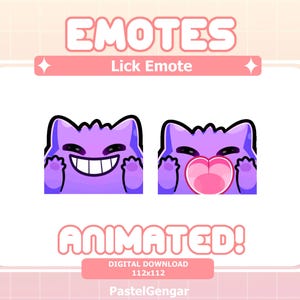 Op de afbeelding: Digitale download van geanimeerde emotes. De afbeelding toont een paars stripfiguur met een ondeugende grijns en een hart. De tekst "EMOTES" en "ANIMATED!" worden weergegeven in een speels lettertype, met "Lick Emote" in het midden.