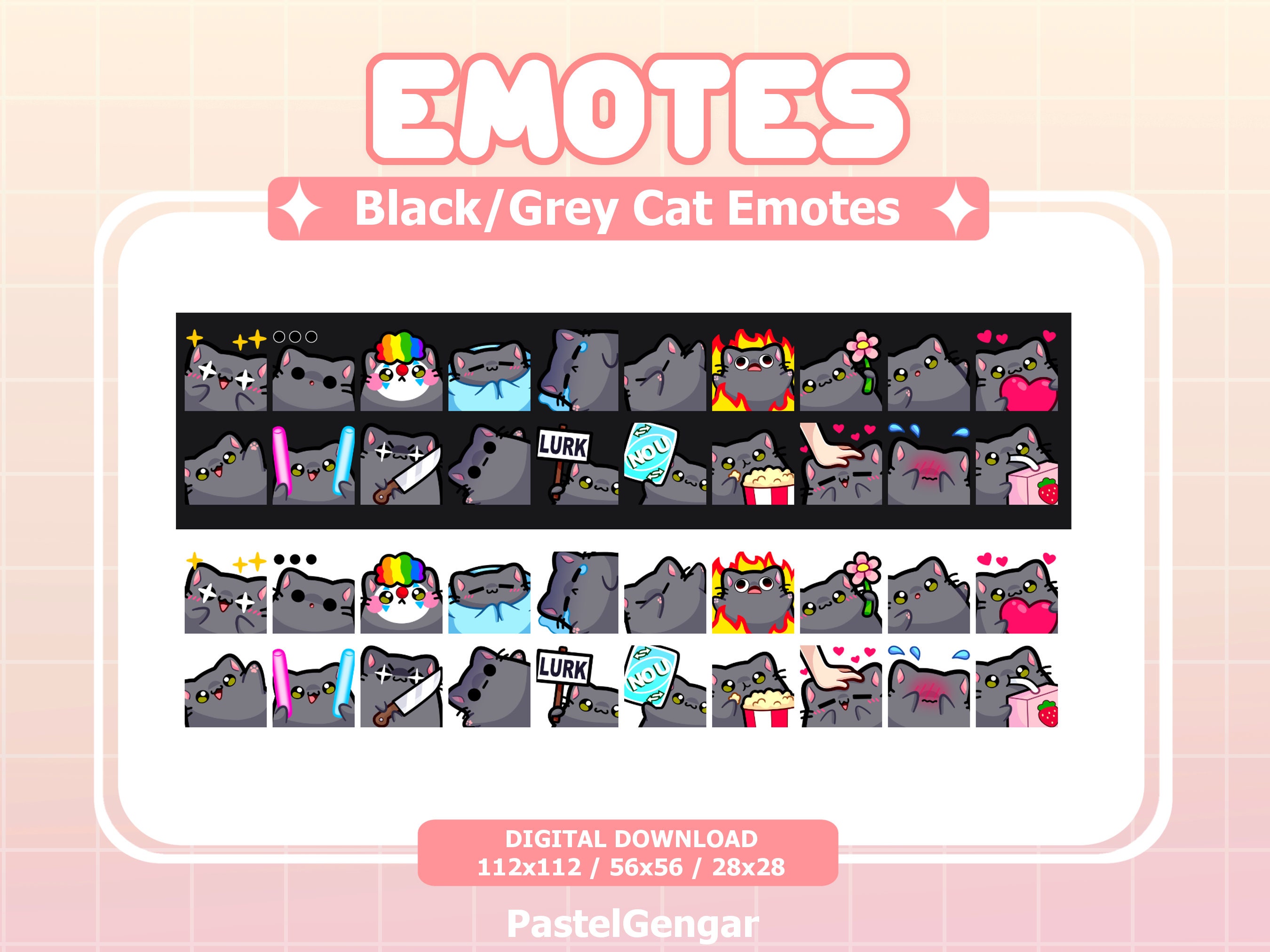 20 Black/grey Cat Emotes: Twitch Streamers, Discord, Youtube, Kick ...