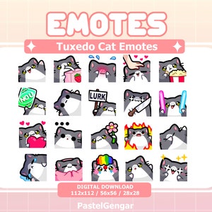 20 Tuxedo Cat Emotes for Twitch Streamers, Discord, Youtube, Kick | Cute, Kawaii | Instant Download