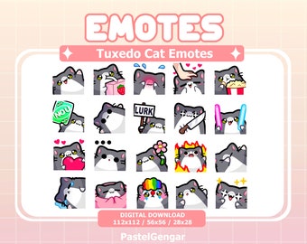 May include: A set of 16 digital emoticons featuring a tuxedo cat in various poses and expressions. The emoticons are in a grid format and include expressions like "NOU", "LURK", and a cat holding a heart. The emoticons are available in three sizes: 112x112, 56x56, and 28x28 pixels.