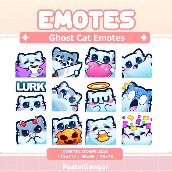 12 Ghost Cat Emotes for Twitch Streamers, Discord, Youtube | Cute, Kawaii, Halloween| Instant Download