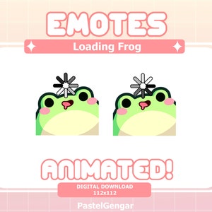 Puede incluir: Conjunto de emojis animados de una rana verde con un icono de carga en la cabeza. La rana tiene una lengua rosa que sobresale y ojos negros. El texto "EMOTES" y "Loading Frog" están en la parte superior de la imagen. El texto "ANIMATED!" está en la parte inferior de la imagen.