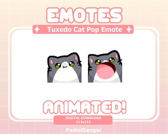 May include: Animated Tuxedo Cat Pop Emote. The emote features a gray and white cat with big eyes and a pink mouth. The cat is animated and has a surprised expression.