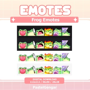 May include: Set of eight animated frog emotes for online chat. The emotes feature a green frog with different expressions, including holding a heart, holding a knife, with a surprised expression, holding a cup of coffee, holding a boba tea, and with a 'nou' speech bubble. The emotes are available in three sizes: 112x112 pixels, 56x56 pixels, and 28x28 pixels.