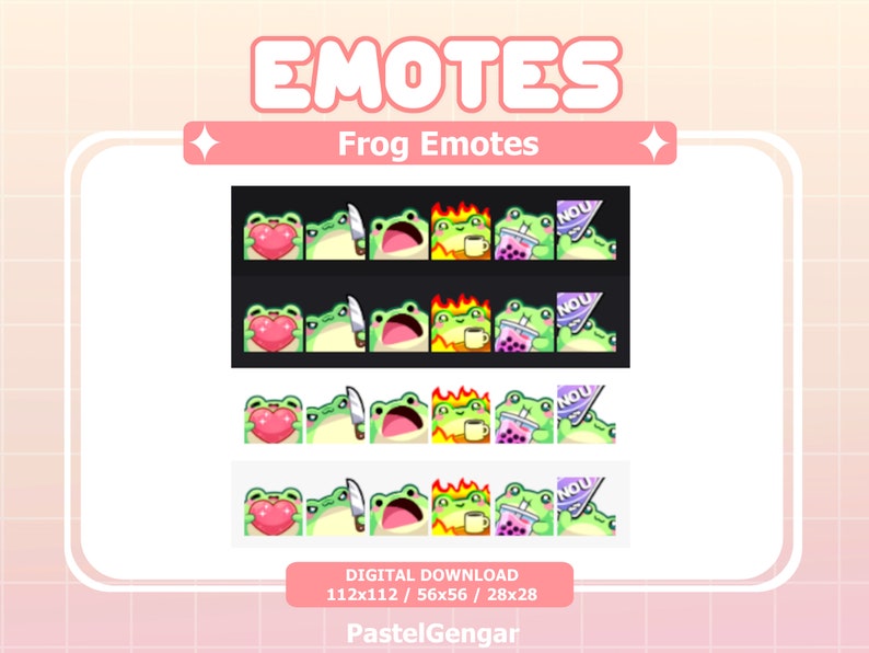 May include: Set of eight animated frog emotes for online chat. The emotes feature a green frog with different expressions, including holding a heart, holding a knife, with a surprised expression, holding a cup of coffee, holding a boba tea, and with a 'nou' speech bubble. The emotes are available in three sizes: 112x112 pixels, 56x56 pixels, and 28x28 pixels.