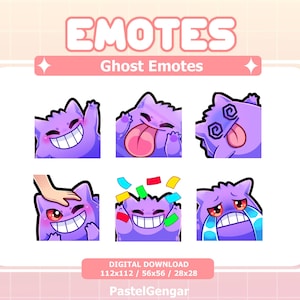 Può includere: Grafica scaricabile digitalmente con sei emote di fantasmi viola. Le emote mostrano diverse espressioni, tra cui un fantasma sorridente, un fantasma con la lingua di fuori, un fantasma stordito, un fantasma accarezzato, un fantasma con coriandoli e un fantasma che piange.