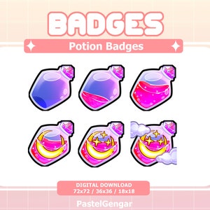 Pink Potion Badges for Twitch Streamers, Discord, Youtube | Cute, Kawaii, Moon | Instant Download