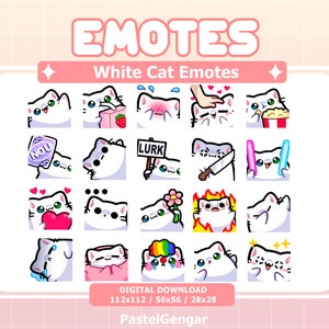 20 White Cat Emotes for Twitch Streamers, Discord, Youtube, Kick | Cute, Kawaii | Instant Download