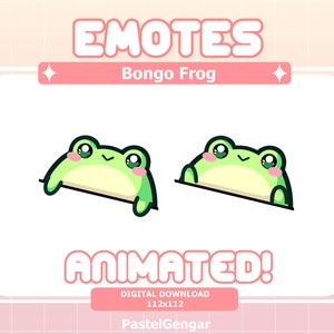 May include: Animated digital download of a green frog with pink cheeks peeking over a black line. The frog is smiling and has large, black eyes. The text "Bongo Frog" and "ANIMATED!" are also included in the image.