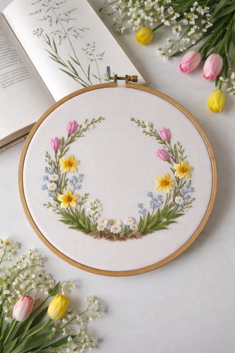 Spring Floral Wreath Hand Embroidery Pattern: Spring/easter DIY ...