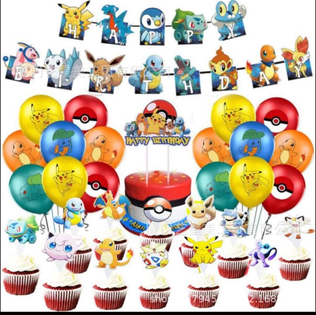 Pokemon Cartoon Happy Birthday Supplies Set Birthday Cake Banner Kids