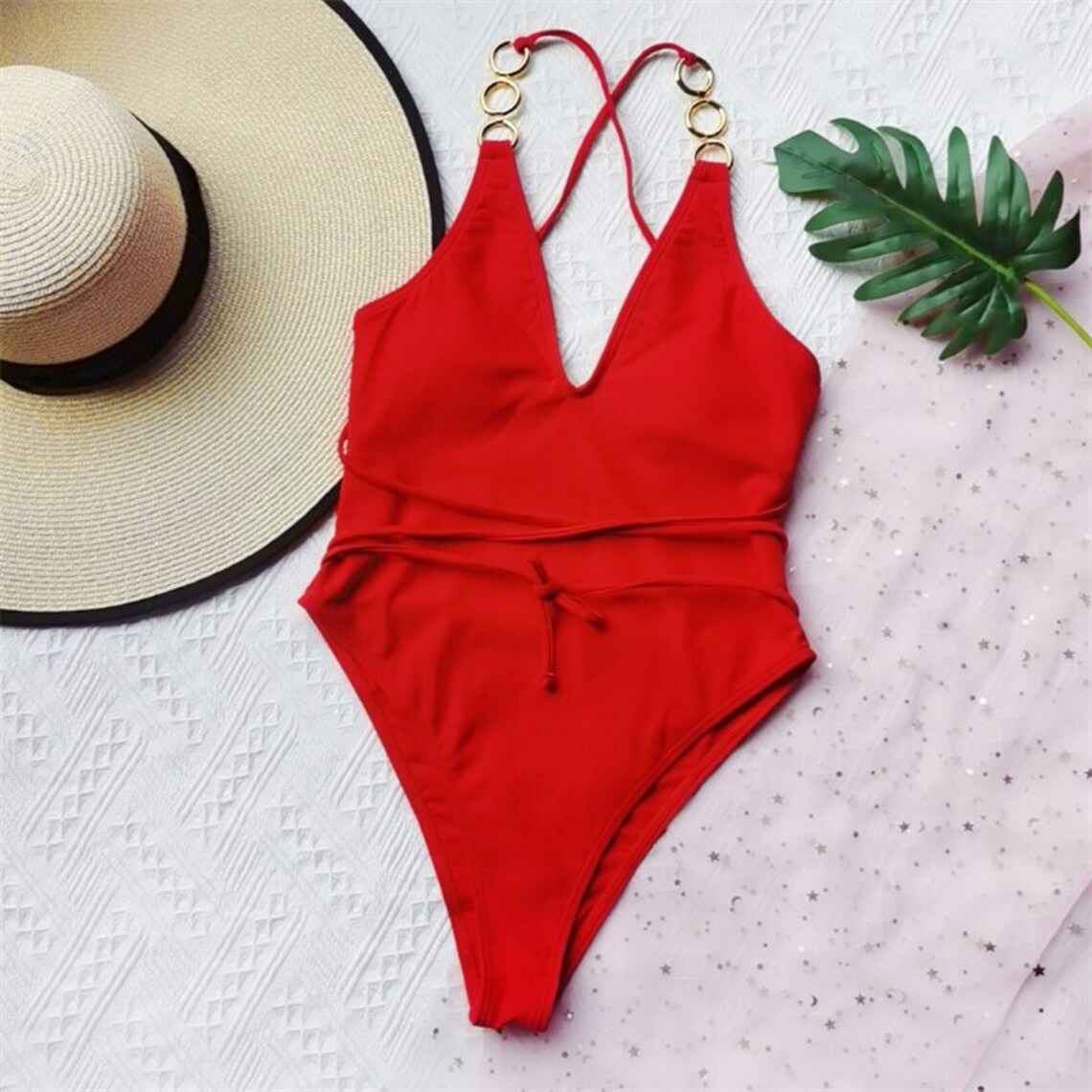 High Waist Swimwear Women OnePiece Sexy V Neck Chain Swimsuit Etsy