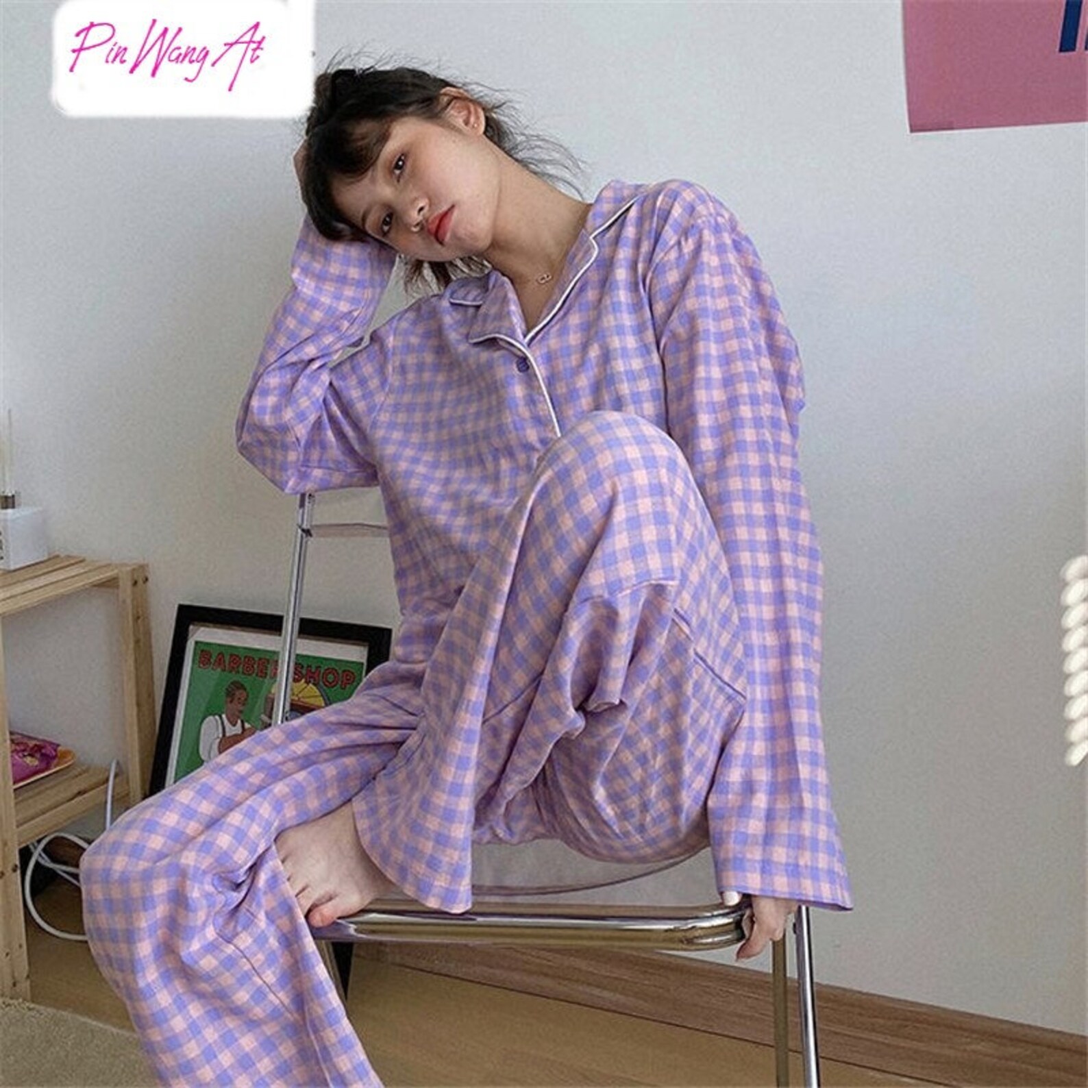 Korean Purple Mesh Pajamas Female Set Cute Winter Long Sleeve Etsy