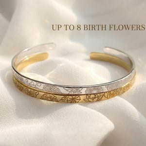 Personalized Birth Flower Bracelet for Grandma, Mothers Day Gift for Grandma, Custom Engraved Jewelry, Cuff Bangle Bracelet, Gifts For Gigi