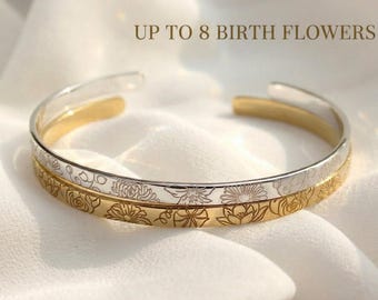 Personalized Birth Flower Bracelet for Grandma, Mothers Day Gift for Grandma, Custom Engraved Jewelry, Cuff Bangle Bracelet, Gifts For Gigi