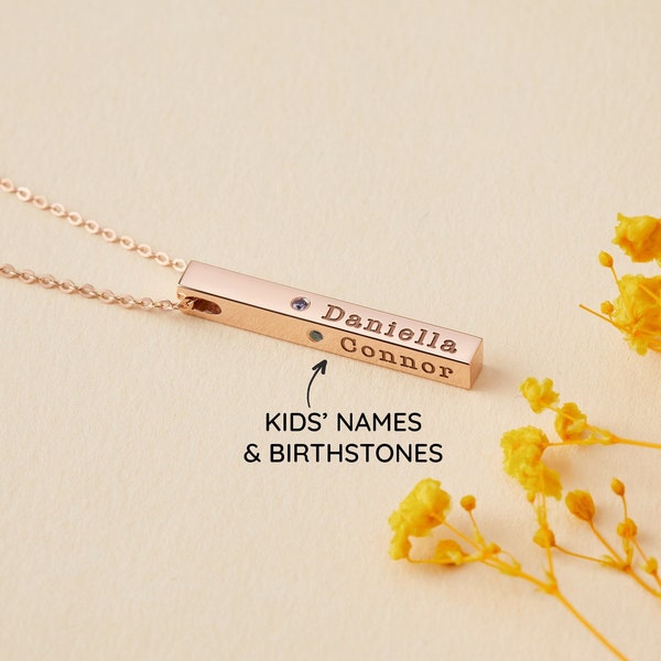 Mother Necklace With Kids Names, Personalized Mother's Day Gift, Kids Birthstones Necklace, Mom Birthday Gift, Family Necklace For Wife