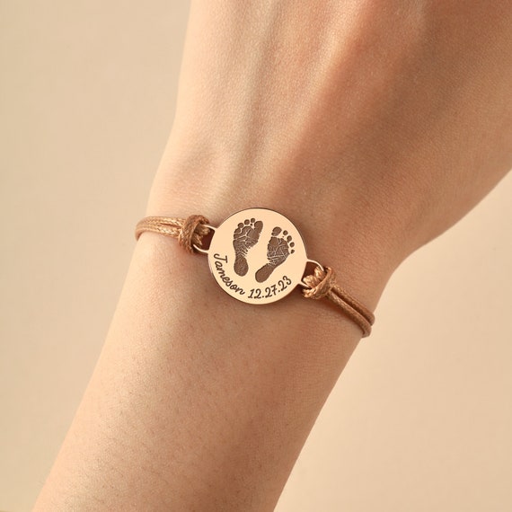 Engraved Baby Prints Bracelet Handprint Leather Bracelet Mothers Day Gift Personalized Heart with Footprints New Mom Jewelry