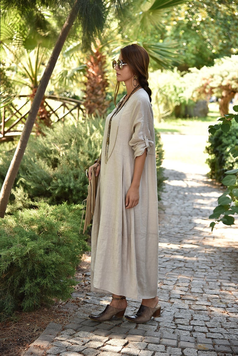 Long pure linen dress White long sleeve linen dress,Loose dress,Linen maxi dress,Oversized dress,Flax dress,100 /% linen boho dress
