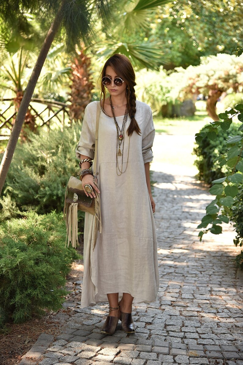 Long pure linen dress White long sleeve linen dress,Loose dress,Linen maxi dress,Oversized dress,Flax dress,100 /% linen boho dress
