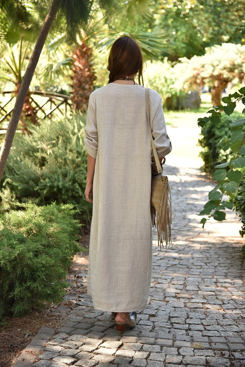 Long pure linen dress White long sleeve linen dress,Loose dress,Linen maxi dress,Oversized dress,Flax dress,100 /% linen boho dress