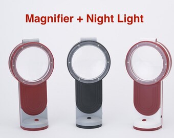 Light magnifier w/ stand. Reading light. A folding magnifier that doubles as a night reading light and a hand held magnifer. Three powers.